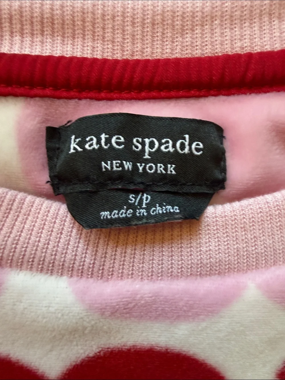 Kate Spade Pink & Red Heart Print Velour Pajama Set, size small